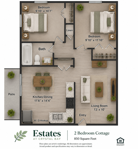 Floor plan for 2 beds, 1 bath, 850 sqft